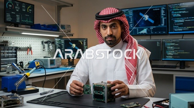 مهندس فضاء سعودي يعمل على قمر اصطناعي في المختبر