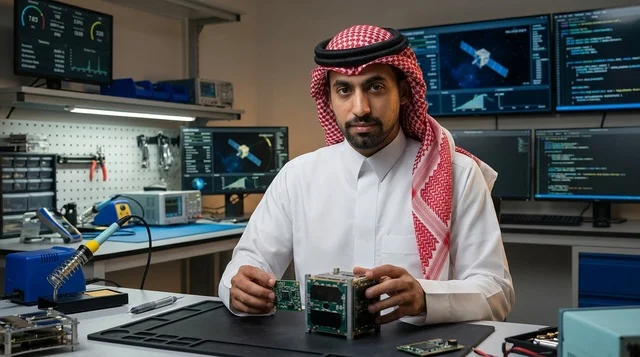 Saudi Aerospace Engineer with Satellite Component in Lab