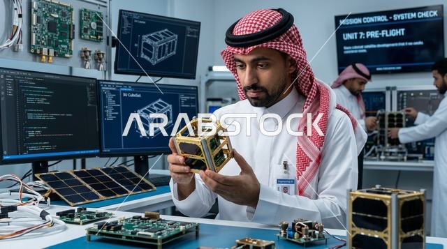 مهندس فضاء سعودي يتفحص قمراً اصطناعياً نانوياً في المختبر