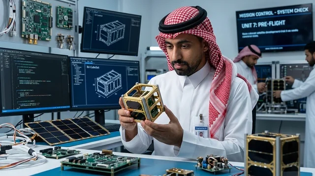مهندس فضاء سعودي يتفحص قمراً اصطناعياً نانوياً في المختبر