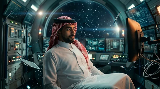 Saudi Astronaut in Traditional Attire Inside Spaceship