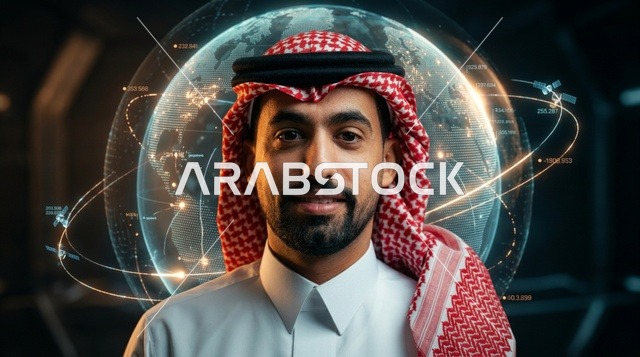 رجل سعودي مع مجسم رقمي هولوجرام مستقبلي لكوكب الأرض