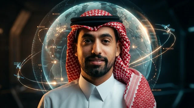 رجل سعودي مع مجسم رقمي هولوجرام مستقبلي لكوكب الأرض