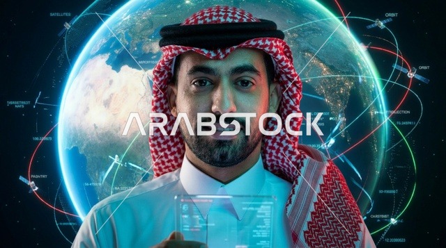 Saudi Man Holding Digital Screen with Earth Hologram