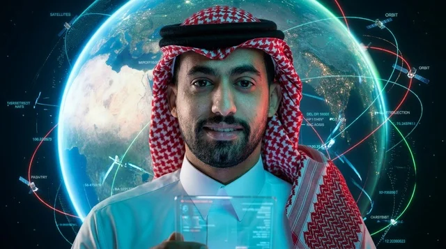 رجل سعودي مع هولوغرام كوكب الأرض والشاشة الرقمية