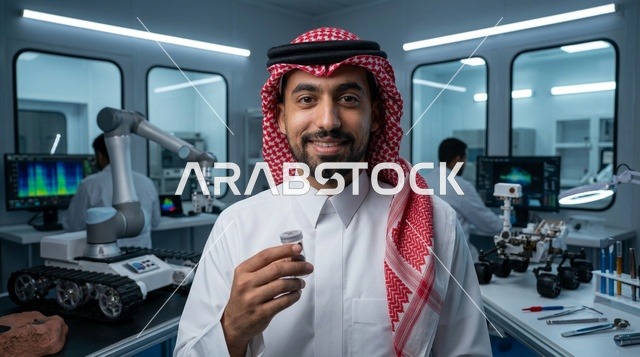 عالم سعودي في مختبر مع معدات روبوتية حديثة