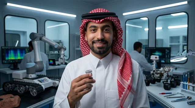Saudi Scientist in Laboratory with Robotics Equipment