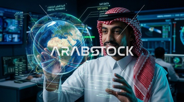Saudi Engineer with Holographic Globe in Space Center
