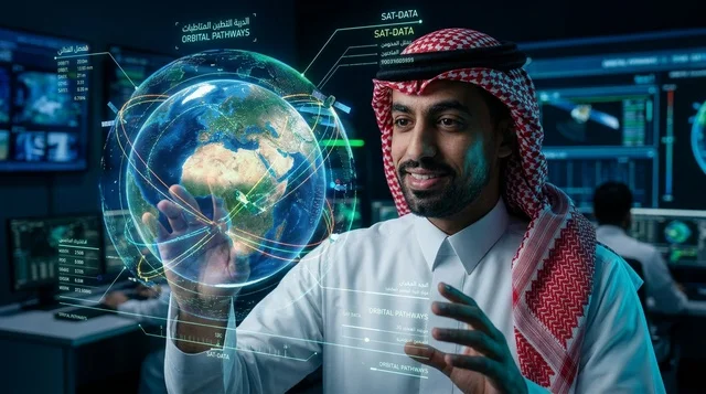مهندس سعودي يتفاعل مع مجسم هولوجرام ثلاثي الأبعاد
