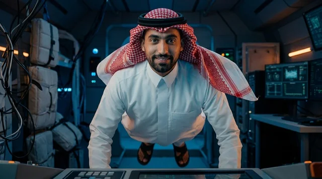 رجل سعودي يطفو داخل كابينة محطة فضاء مستقبلية