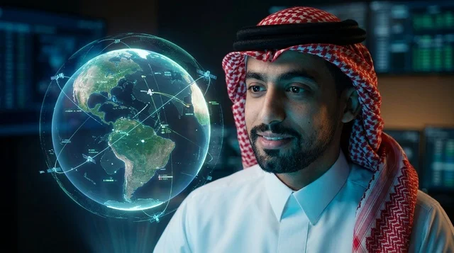 رجل سعودي بالزي التقليدي مع مجسم هولوغرام للكرة الأرضية
