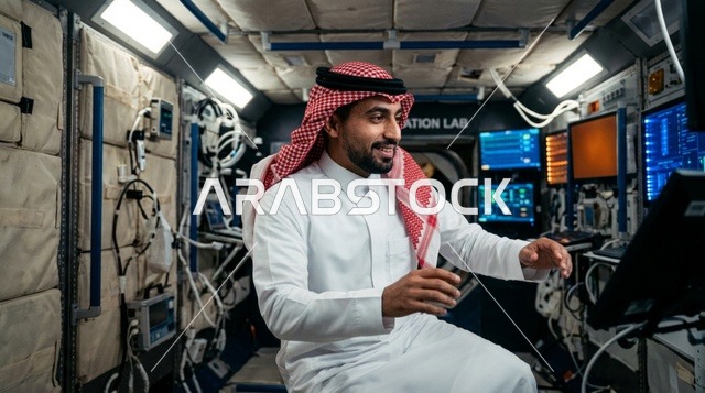 رائد فضاء سعودي بالزي التقليدي داخل مختبر محطة الفضاء