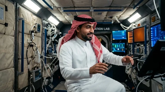 رائد فضاء سعودي بالزي التقليدي داخل مختبر محطة الفضاء