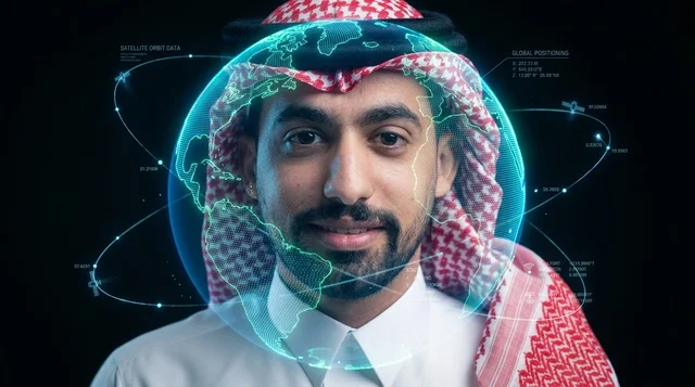 Saudi Man in Traditional Shemagh with Digital Globe Hologram