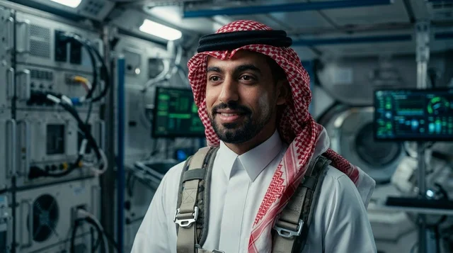 رائد فضاء سعودي بالزي التقليدي داخل مركبة فضائية