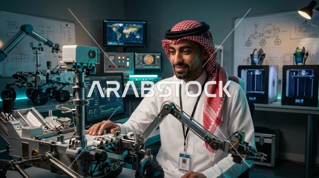 مهندس فضاء سعودي يعمل على تطوير مركبة روبوتية في المختبر