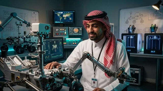 مهندس فضاء سعودي يعمل على تطوير مركبة روبوتية في المختبر