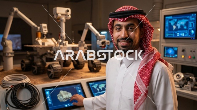 مهندس سعودي بجانب مركبة فضاء في مختبر تحكم متطور