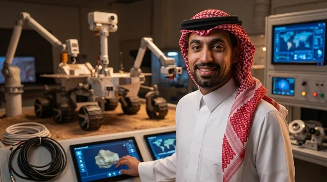 مهندس سعودي بجانب مركبة فضاء في مختبر تحكم متطور