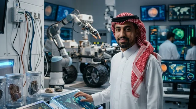 مهندس فضاء سعودي بالزي التقليدي في مختبر الروبوتات