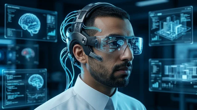 Saudi Man Wearing Futuristic Neural Headset in Tech Lab