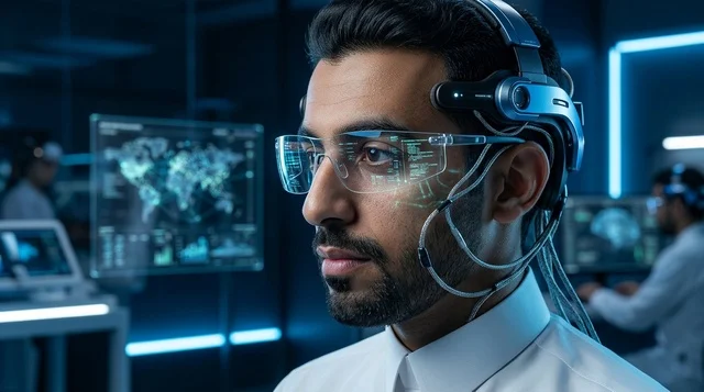 Saudi Scientist Wearing Smart Glasses in High Tech Lab
