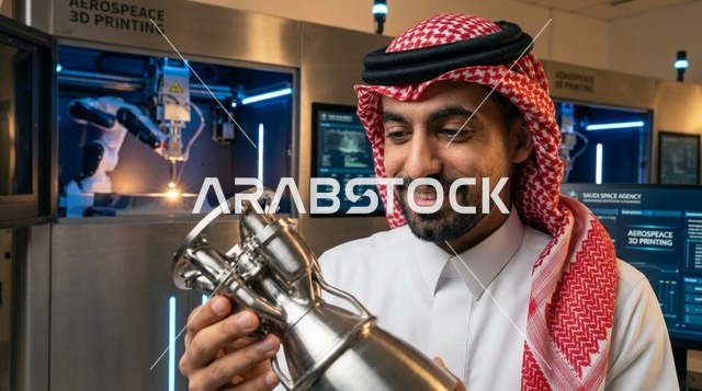 مهندس فضاء سعودي يفحص جزء مطبوع بتقنية ثلاثية الأبعاد