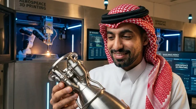 مهندس فضاء سعودي يفحص جزء مطبوع بتقنية ثلاثية الأبعاد