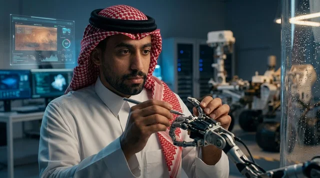مهندس سعودي يعمل على تطوير ذراع آلية في مختبر فضاء