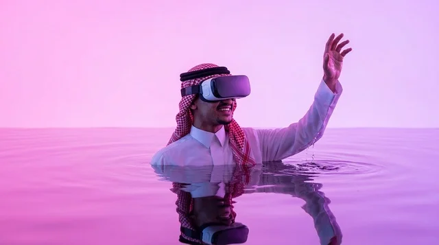 رجل سعودي يستخدم نظارة الواقع الافتراضي وسط المياه