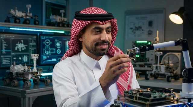 مهندس سعودي يعمل على الروبوتات في مختبر الفضاء