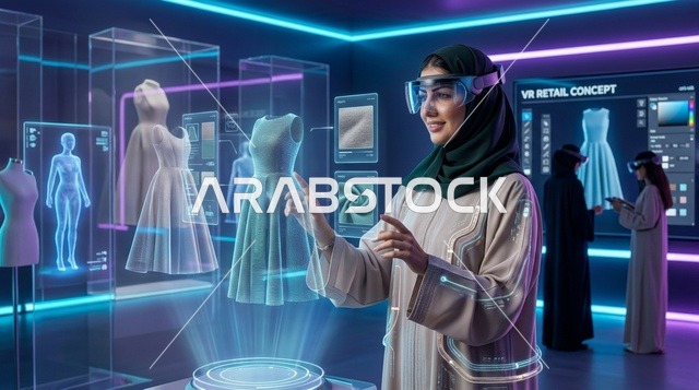 امرأة عربية تستخدم نظارات الواقع الافتراضي للتسوق