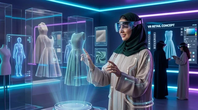 Arab Woman Using VR Glasses in Futuristic Retail Store