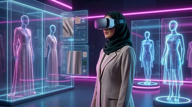 امرأة عربية ترتدي نظارة واقع افتراضي لتصميم الأزياء