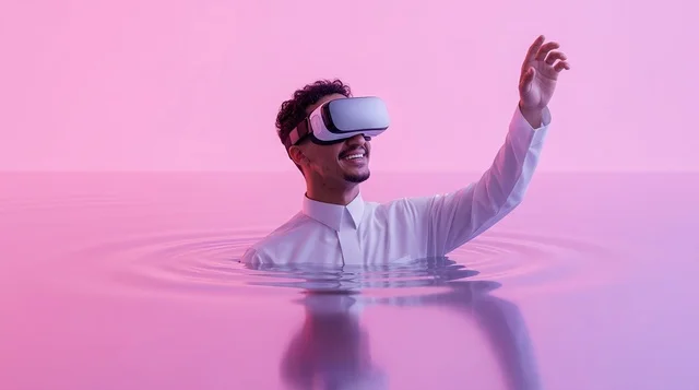 Saudi Man in VR Headset Submerged in Neon Pink Water