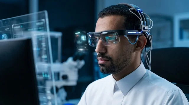 عالم عربي في مختبر يستخدم نظارات ذكية وجهاز تخطيط الدماغ