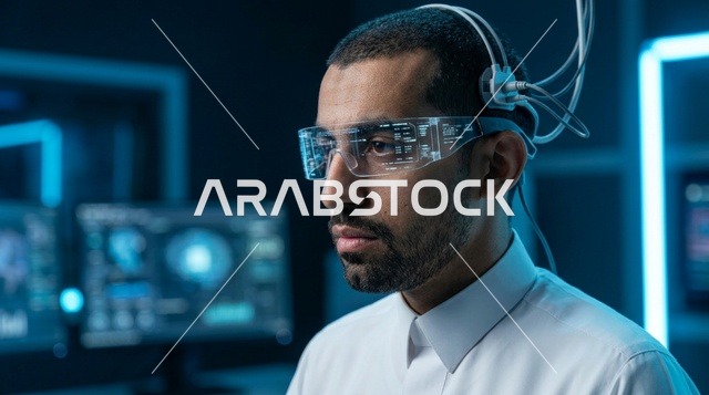 عالم عربي يرتدي نظارات ذكية مستقبلية في مختبر تقني