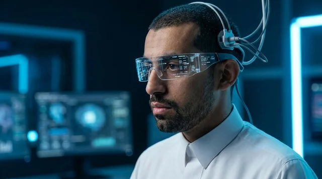 عالم عربي يرتدي نظارات ذكية مستقبلية في مختبر تقني