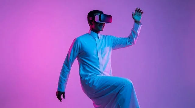 رجل سعودي يرتدي نظارة واقع افتراضي بإضاءة نيون