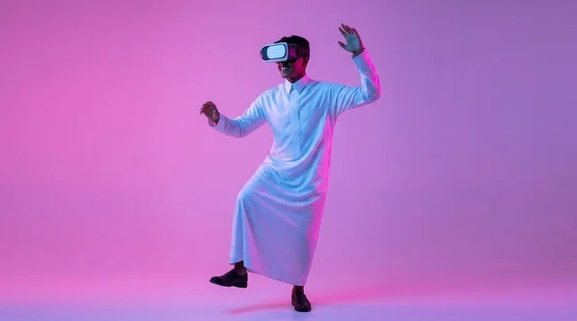 Saudi Man in Thobe Wearing VR Headset in Neon Light