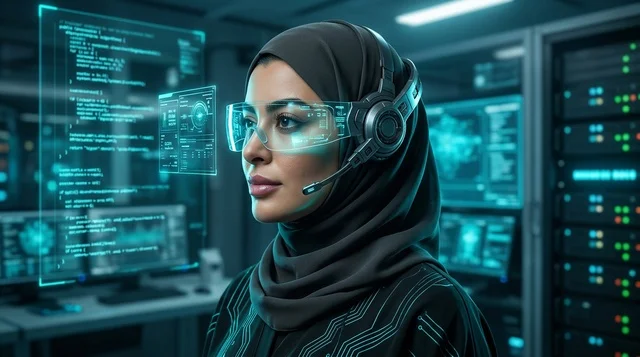 أخصائية تقنية معلومات سعودية في غرفة خوادم مستقبلية