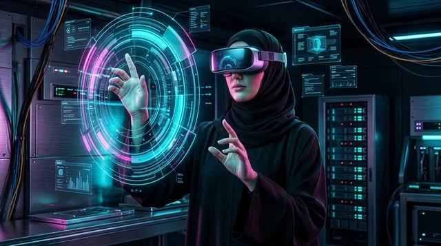 امرأة عربية بالعباءة تستخدم نظارة الواقع الافتراضي في غرفة خوادم