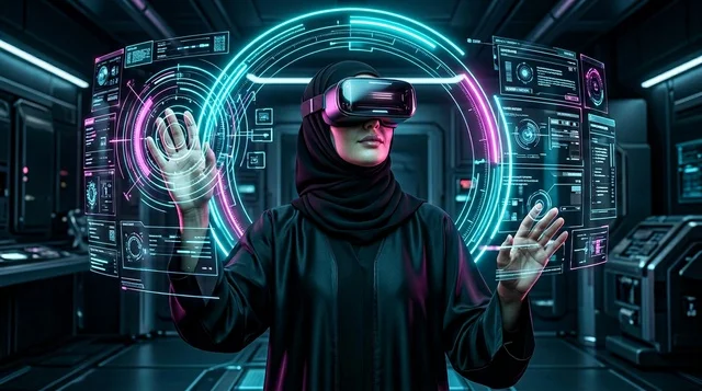 امرأة عربية بالعباءة تستخدم نظارة الواقع الافتراضي