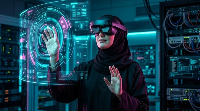 امرأة عربية بالعباءة تستخدم نظارة الواقع الافتراضي