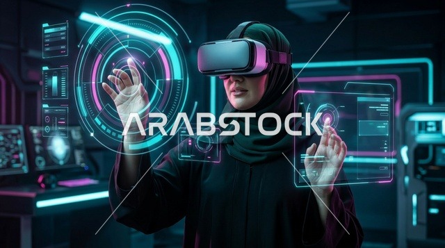 Arab Woman Using VR Headset in Futuristic Tech Lab