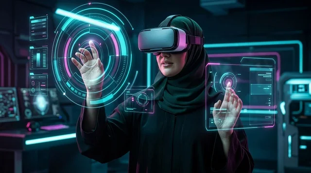امرأة عربية تستخدم نظارة الواقع الافتراضي في مختبر تقني