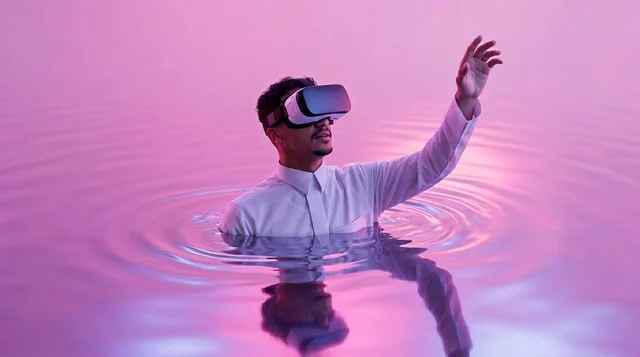 Saudi Man Wearing VR Headset Immersed in Pink Water