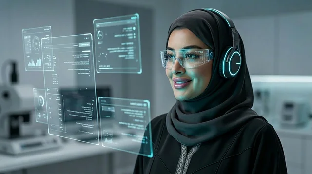 امرأة سعودية بالعباءة تستخدم شاشات الهولوغرام