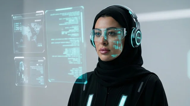 امرأة عربية ترتدي الحجاب وتستخدم نظارات ذكية مستقبلية