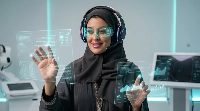 Saudi Woman Interacting with Futuristic AR Hologram Screens